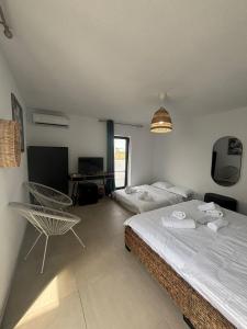 a bedroom with two beds and a chair and a television at Vila Alaris Vama Veche in Vama Veche