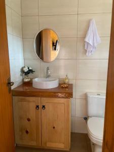 a bathroom with a sink and a toilet and a mirror at Chalé Vô Nono in Alfredo Wagner +13 photos