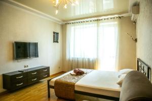 a bedroom with a bed and a tv and a window at Doba In Ua Peremoga Apartments in Dnipro