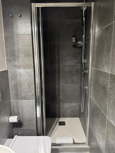 a shower stall with a toilet in a bathroom at Monte Generoso Rooms in Mendrisio +10 photos