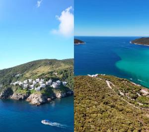 two pictures of a small island and a boat in the water at Casa Mar da Grécia in Arraial do Cabo +59 photos