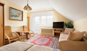 a living room with a couch and a tv at Pension Doris in Velká Hleďsebe