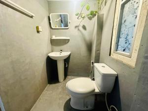 a bathroom with a white toilet and a sink at Ekamuthu Homestay in Dickwella