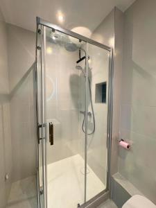 a shower with a glass door in a bathroom at Vue Odet - calme & lit Queen Size à Quimper in Quimper