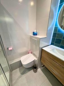 a bathroom with a toilet and a sink at Vue Odet - calme & lit Queen Size à Quimper in Quimper +6 photos