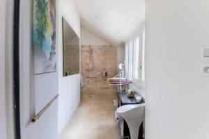 a bathroom with a walk in shower and a sink at Le Logis de la Voulzie in Provins +20 photos