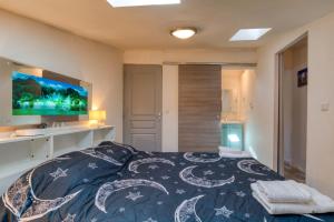 a bedroom with a bed and a sink at Appartement Sous Les Toits in Pézenas