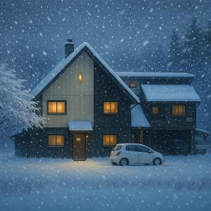 a car parked in front of a house in the snow at Yukiguni Base Hakuba in Hakuba