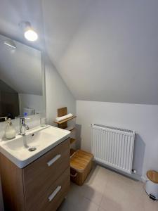 a bathroom with a sink and a mirror at Casă chic La Han la Slănic in Slănic-Moldova