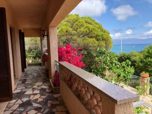 a balcony of a house with pink flowers at VILLA route des sanguinaires in Ajaccio