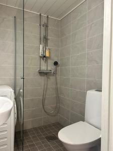 a bathroom with a shower with a toilet and a sink at Beautiful two-room apartment with balcony in a prime location in Turku