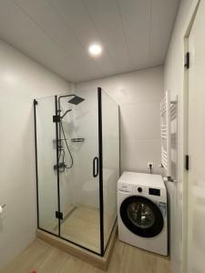 Cozy Apartment For Daily Rent في تبليسي: غسالة في حمام مع دش زجاجي