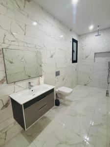a white bathroom with a sink and a toilet at Magnifique Villa Kayo, Djerba in Arkou