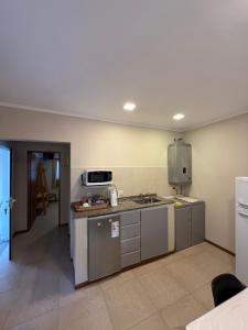 a kitchen with a stove and a microwave at Las Margaritas in Pila