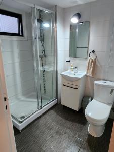 a bathroom with a shower and a toilet and a sink at Larnaca Breeze in Pyla +18 photos
