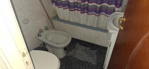 a small bathroom with a toilet and a shower at Torre Edén vista al mar in Mar del Plata