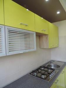 a kitchen with green cabinets and a sink and a stove at Apartament Green in Krosno +5 photos