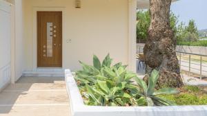 a white couch in front of a house with a tree at Harmony House in Faliraki