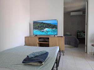 a bedroom with a bed and a television on a stand at Casa de Férias Palmeira in Faro