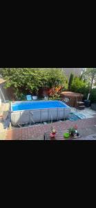 a large swimming pool with a table in front of it at La Cristina in Sinaia