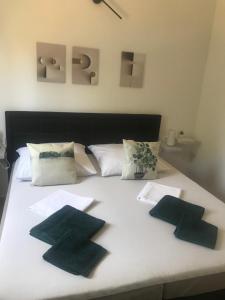 a bed with two green pillows on top of it at Ferienhausanlage Adria Oasis in Višnjan