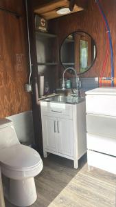 un bagno con un water, un lavandino e uno specchio di Splitrock - Crown View Dome a Fallbrook