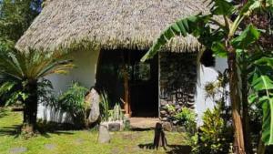 a small house with a thatched roof at TAHITI ITI - Saltwater Family Huts in Teahupoo