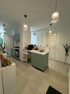 Una cocina grande con fregadero y encimera. en Apartament in Bucuresti, en Bucarest