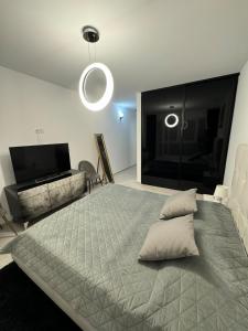 Un dormitorio con una cama grande y un televisor de pantalla plana. en Apartament in Bucuresti, en Bucarest