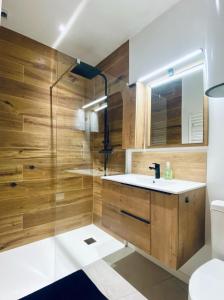un baño con lavabo y ducha en Le Bastion, 15 guests, 5 suites, 5 baths, AC, en Pouzols-Minervois