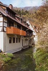 
a river with a house and a building at Hotel Garni Forellenfischer in Blaubeuren
