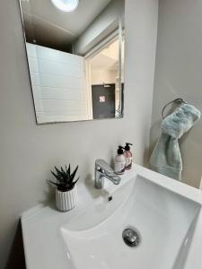 Un lavabo blanco en un baño con espejo. en SoftPod Loft in Prime Location Fourways, en Sandton