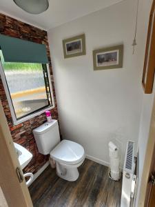 a bathroom with a white toilet and a window at Unique Caravan with Outdoor Space in Ballantrae +35 photos