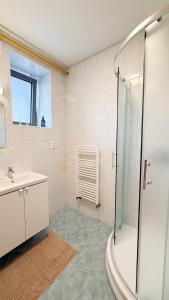 ピエシュチャニにあるComfort Central Apartment Piešťanyのシャワーと洗面台付きのバスルーム
