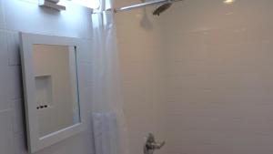 Una ducha con cortina y espejo en un baño. en Lincoln Howard House, en Washington