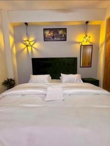 a large white bed in a bedroom with two lights at Luxurious 2 Bed Apartment in Islamabad
