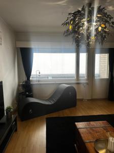 a living room with a black couch in front of a window at Lemmenpesä Ytimessä in Oulu