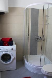 a bathroom with a shower and a washing machine at Apartment Možina in Koper