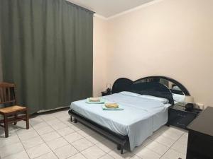 a bedroom with a bed with a green curtain at Apartment in Alexandria! in Alessandria