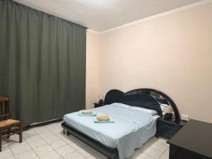 a bedroom with a bed with a green curtain at Apartment in Alexandria! in Alessandria +2 photos