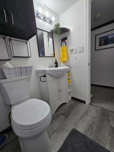 a bathroom with a white toilet and a sink at The Hilltop in Whitehorse +13 photos