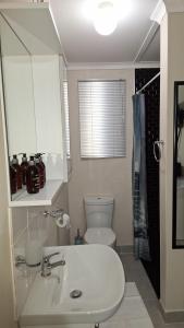 a bathroom with a sink and a toilet and a mirror at Serenity in Windhoek +6 photos
