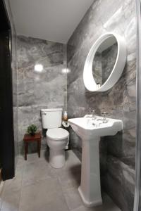 Un baño con lavabo, inodoro y espejo. en Guesthouse - Georgias Gate, en Errill 10 fotos más