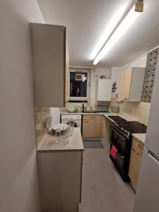 uma cozinha com um balcão com copos de vinho em GX Property em Londres