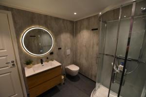 a bathroom with a sink and a toilet and a mirror at Senja Beach Lodge in Senja +26 photos