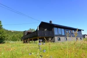 a house on a hill with a field of flowers at Senja Beach Lodge in Senja