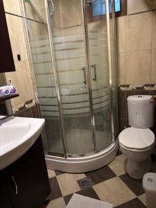 Un baño con ducha, inodoro y lavabo. en Teo Apartment, en Pristina 9 fotos más