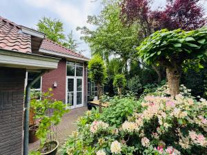 a garden with flowers in front of a house at B&B bij Germaine in Heeze