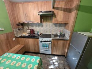 a small kitchen with a stove and a sink at Pas Povilą in Jurbarkas