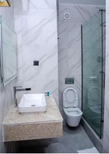 a bathroom with a sink and a toilet and a shower at villa Toscana GRA Port Harcourt in Port Harcourt